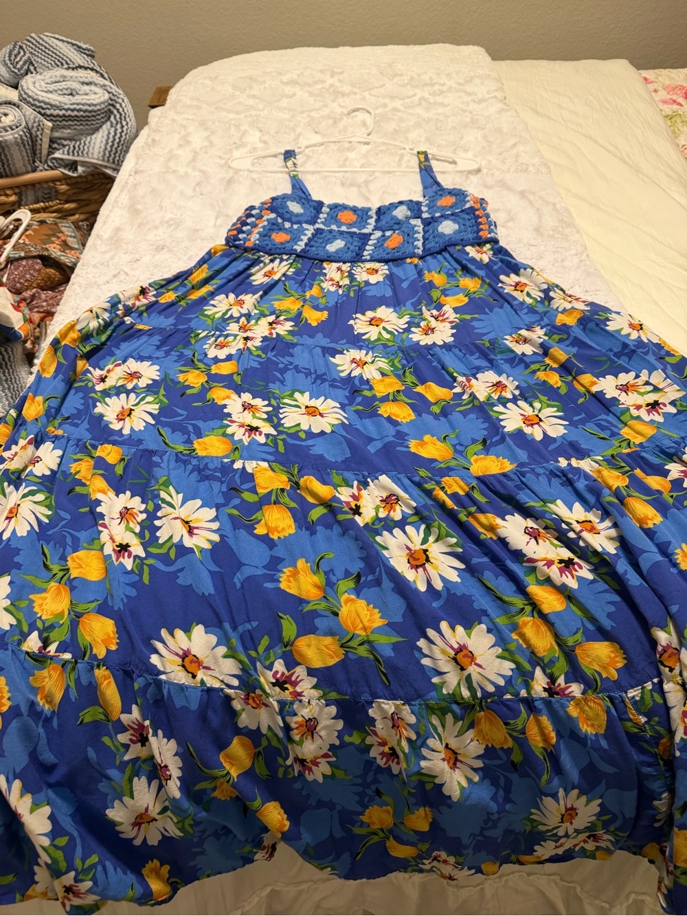 Blue Floral Maxi Dress with Crochet Bodice